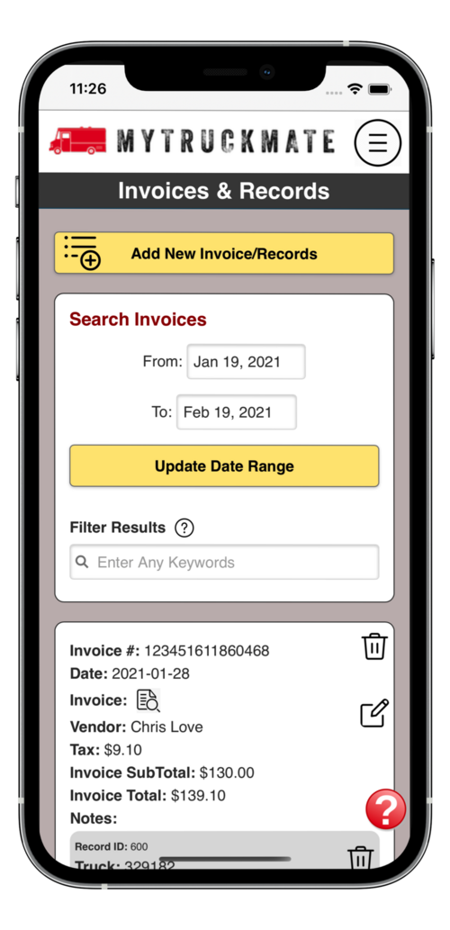 Invoice entry screen