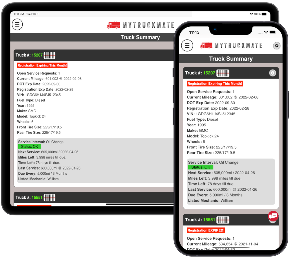 MyTruckMate app on tablet and phone showing the Truck Summary screen