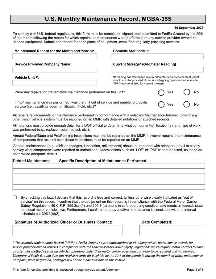 A completed FedEx Monthly Maintenance Report generated by MyTruckMate