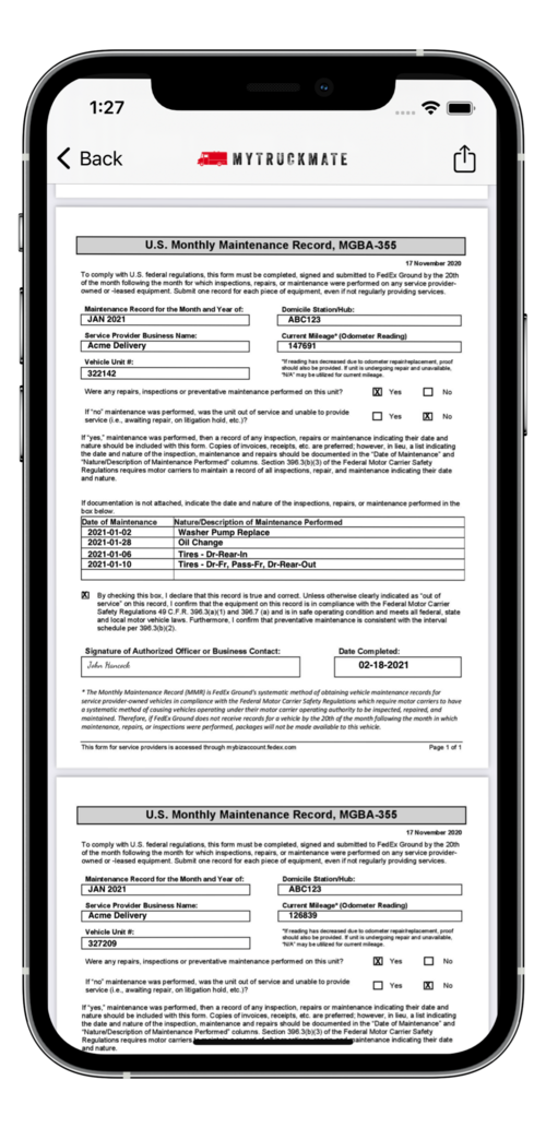 Monthly Maintenance Report viewed in the app