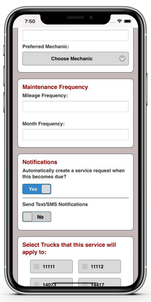 Maintenance interval setup screen