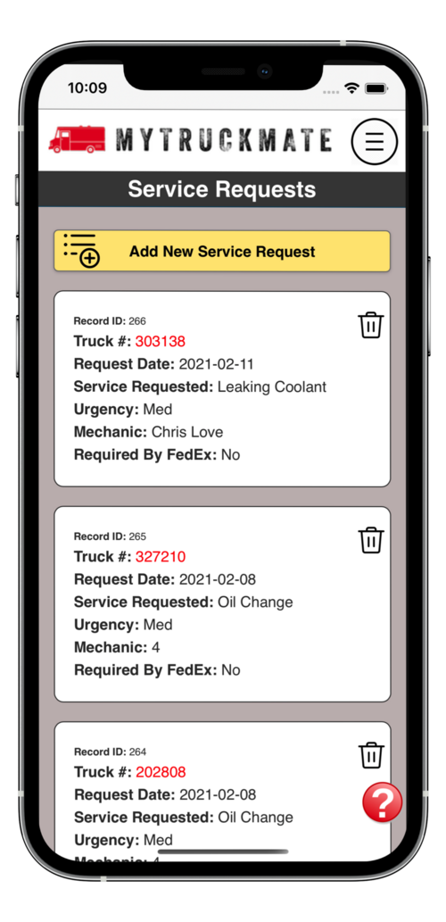 Service Requests list screen