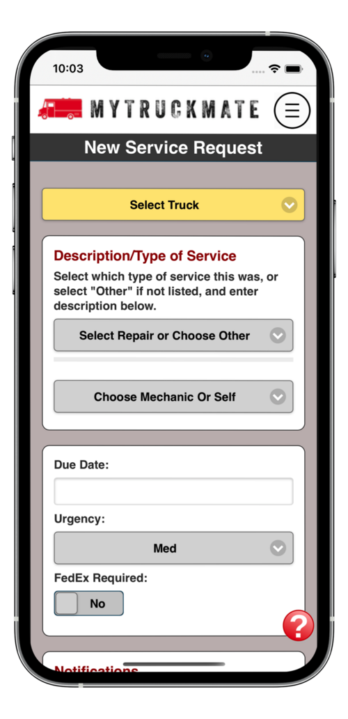 Service requests screen