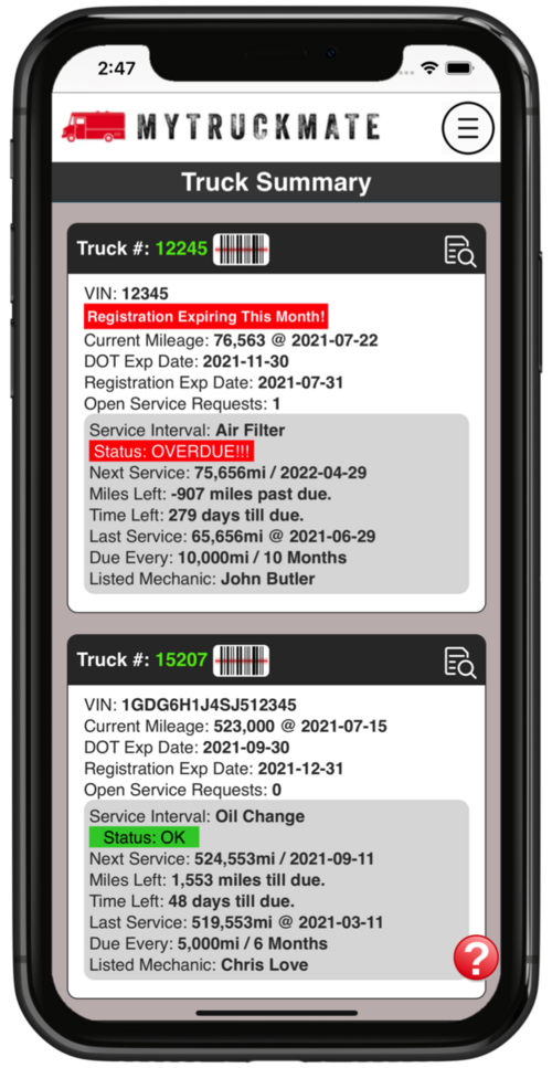 Truck Summary screen