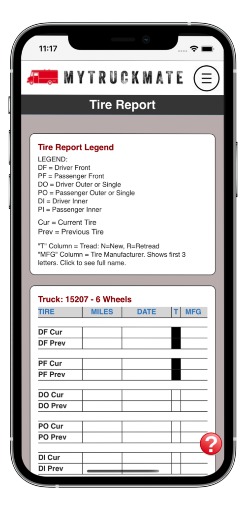 Tire Report screen